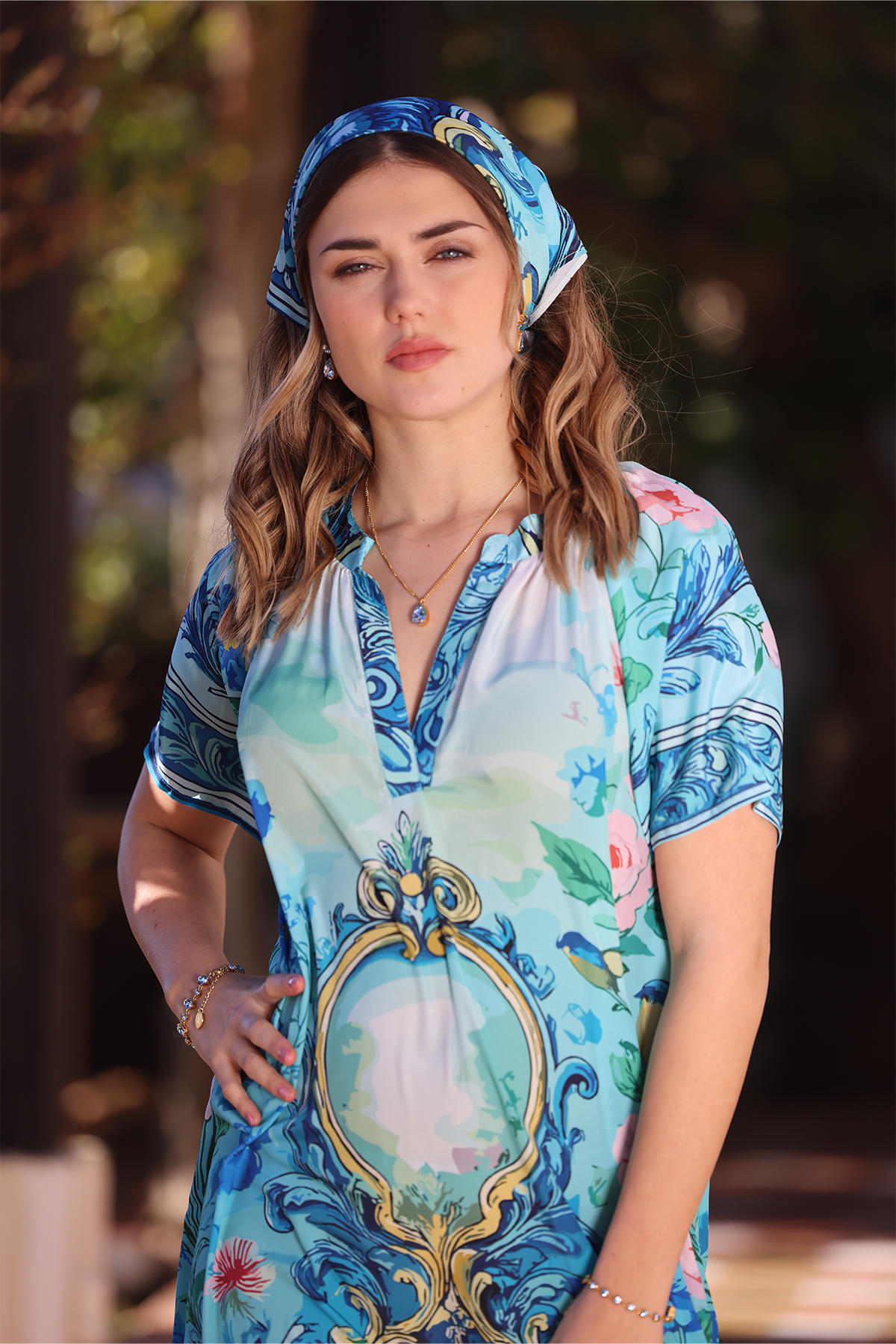 Silk scarf, 50x50 cm, Blue Garden