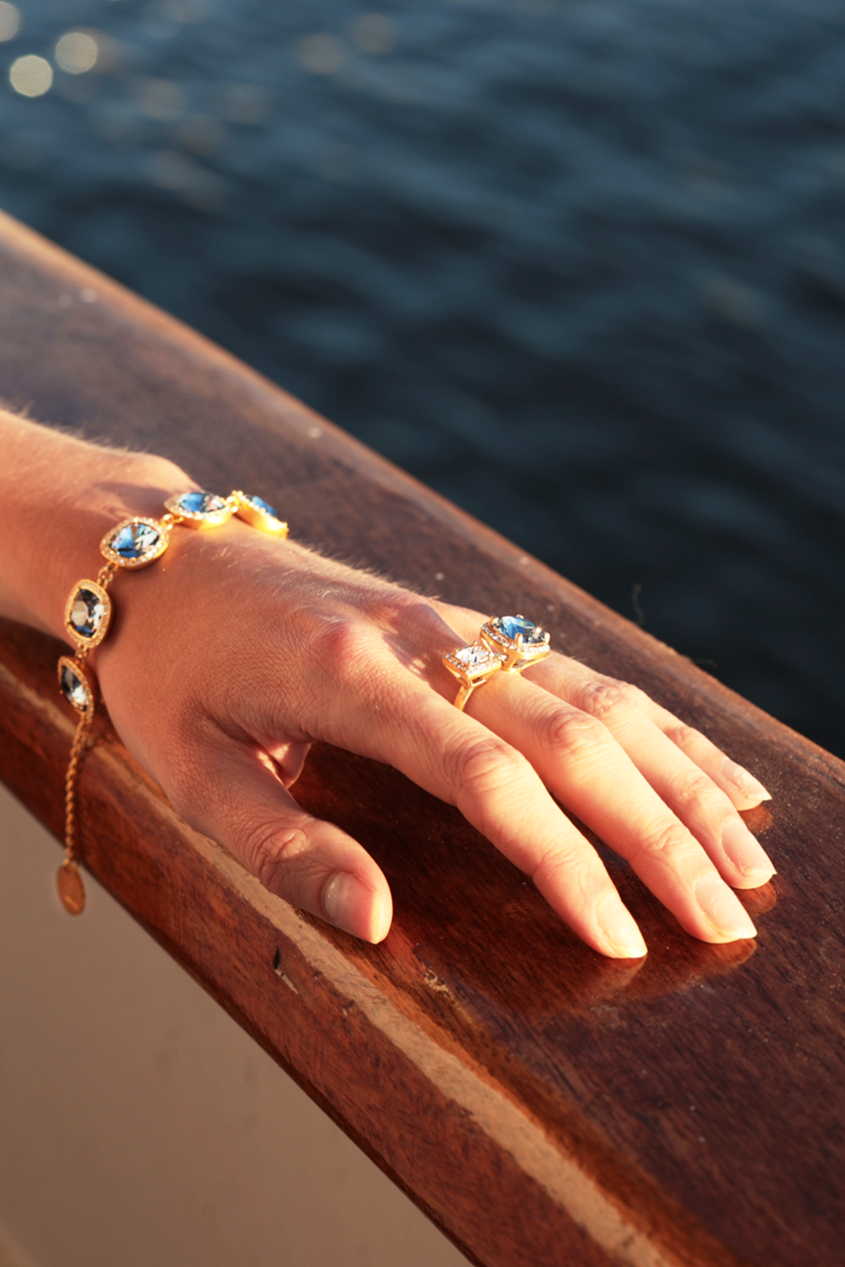 Tamara Swarovski double ring, Denim blue/Clear - Adjustable