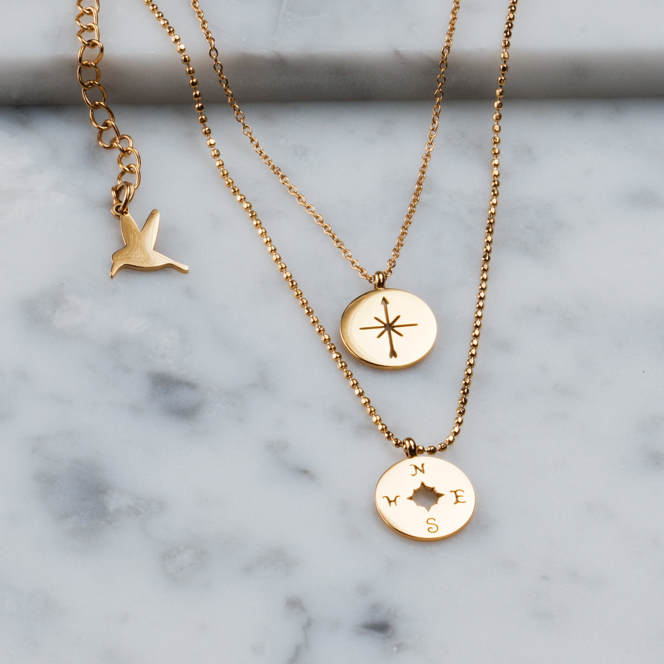 Signature double necklace - Shiny gold compass